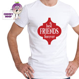Man in a white tee with the slogan "Best friends forever" printed on the tee. Tee as produced by Cheekyneep.com