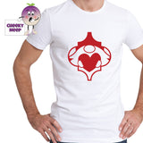 Man in white t-shirt with a gnome holding a heart printed on the teeshirt. Tee as produced by Cheekyneep.com
