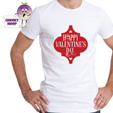 Man in white t-shirt with the slogan "Happy Valentine's Day" printed on the teeshirt. Tee as produced by Cheekyneep.com