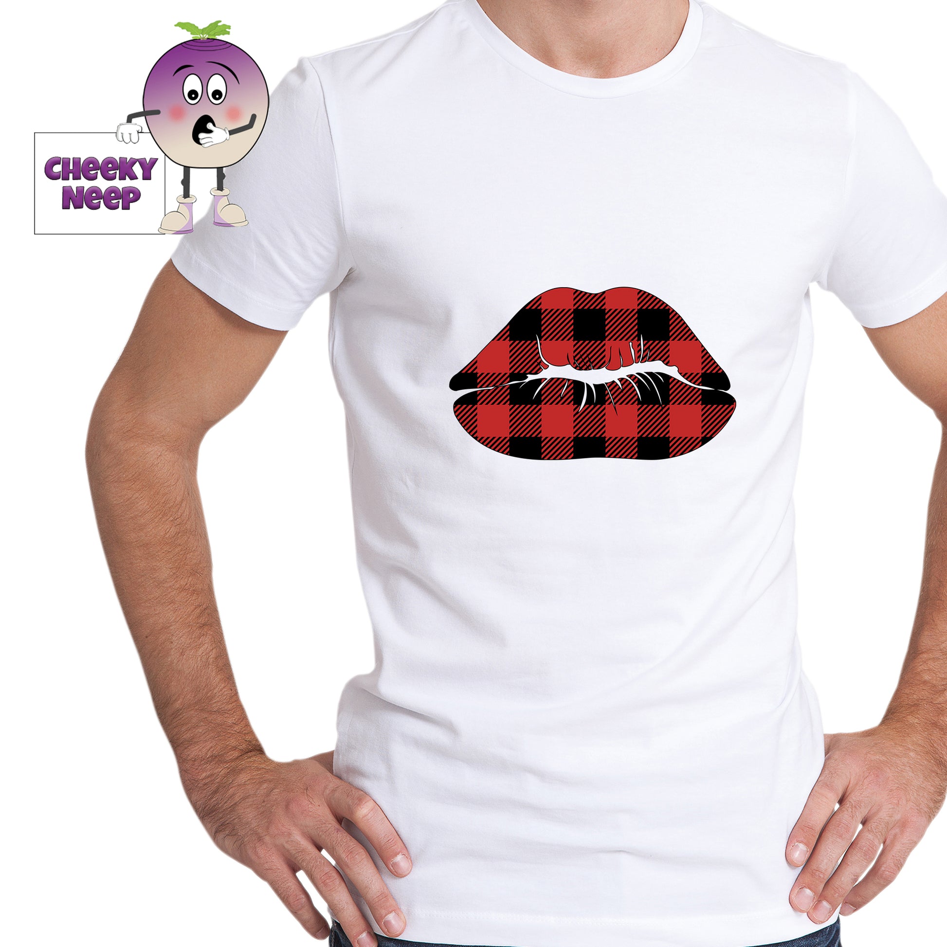 Man in white t-shirt with a picture of a pair of lips in red and black check printed on the teeshirt. Tee as produced by Cheekyneep.com