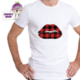 Man in white t-shirt with a picture of a pair of lips in red and black check printed on the teeshirt. Tee as produced by Cheekyneep.com