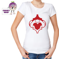 Woman in white t-shirt with a gnome holding a heart printed on the teeshirt. Tee as produced by Cheekyneep.com