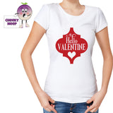 Woman in white t-shirt with the slogan "Hello Valentine" printed on the teeshirt. Tee as produced by Cheekyneep.com