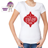 Woman in white t-shirt with the slogan "I Love You" printed on the teeshirt. Tee as produced by Cheekyneep.com