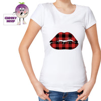Woman in white t-shirt with a picture of a pair of lips in red and black check printed on the teeshirt. Tee as produced by Cheekyneep.com