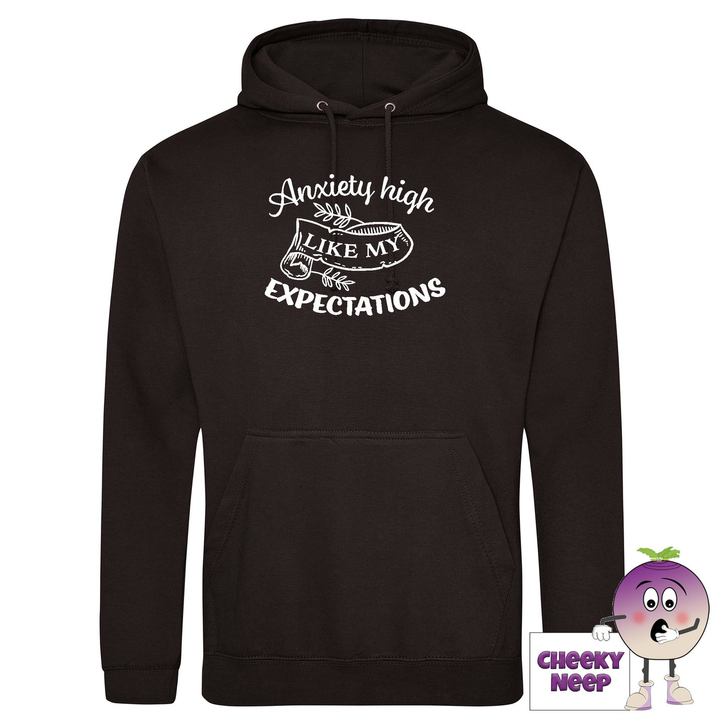 Black hoodie with slogan "Anxiety high like my expectations"