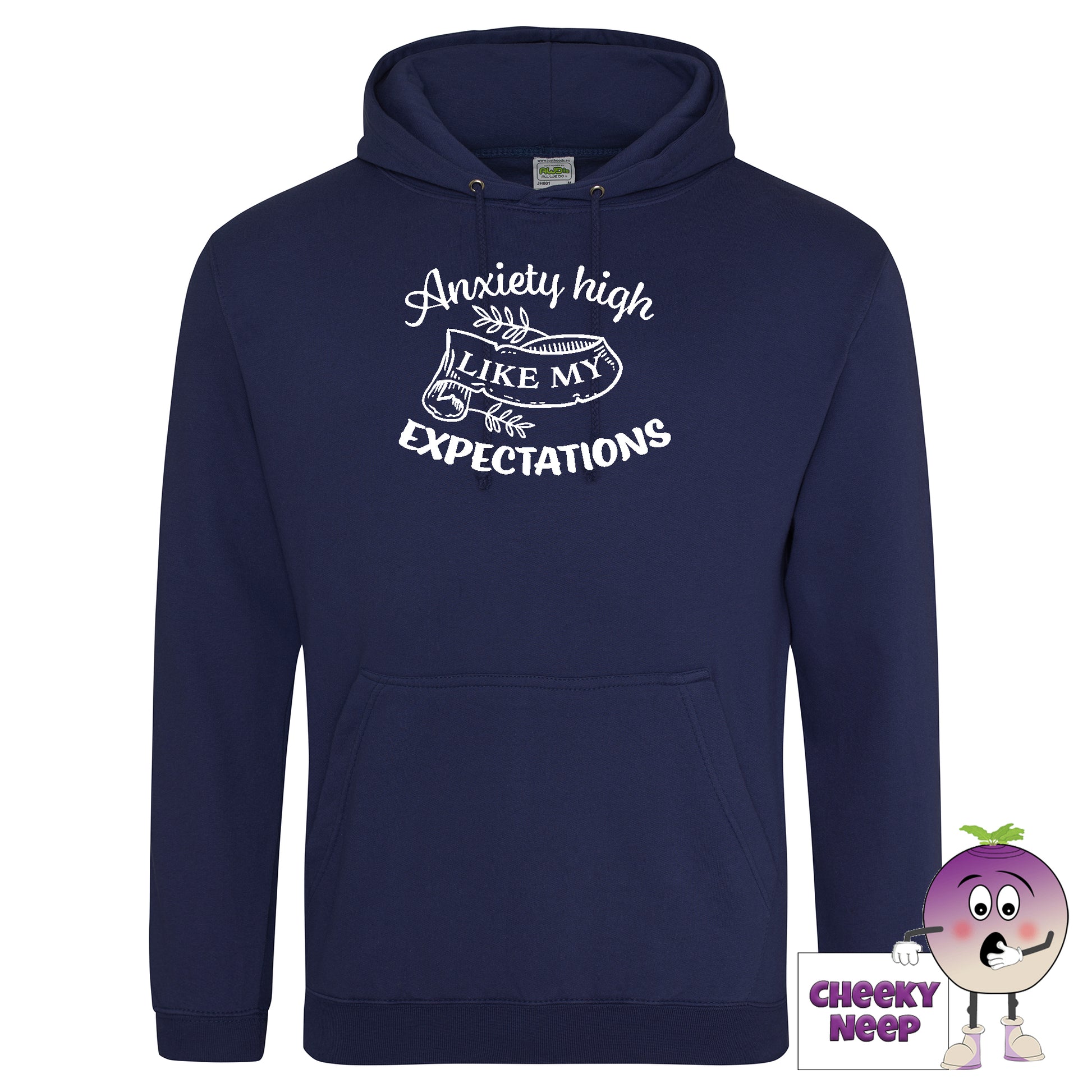 Navy blue hoodie with slogan "Anxiety high like my expectations"