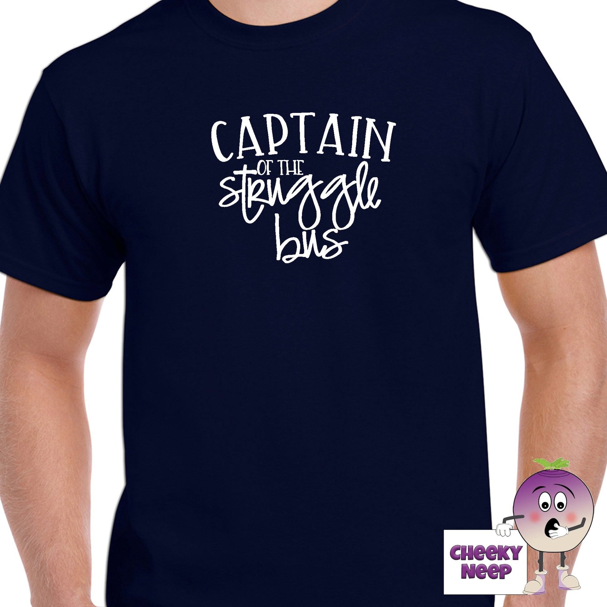 Navy mens tee with the slogan "Captain of the Struggle Bus" printed on the tee