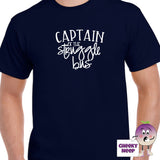 Navy mens tee with the slogan "Captain of the Struggle Bus" printed on the tee