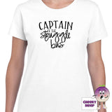 White womens tee with the slogan "Captain of the Struggle Bus" printed on the tee