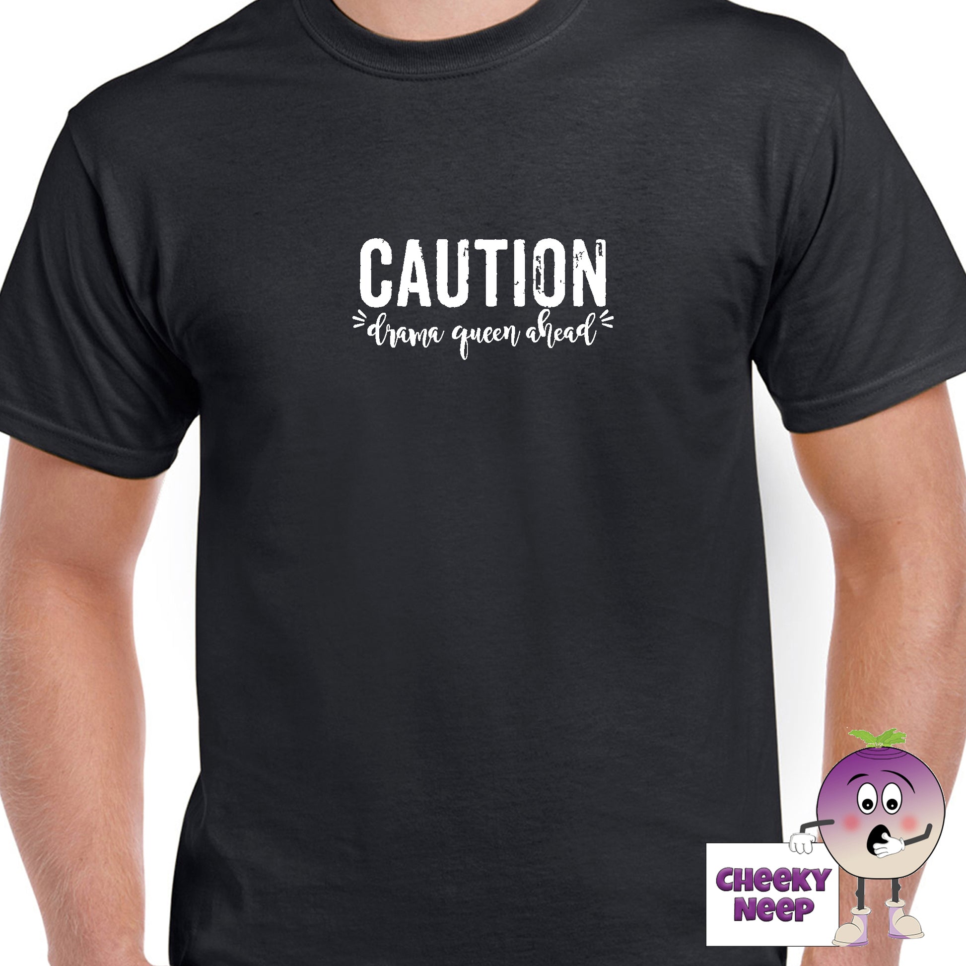 Black mens tee with the slogan "Caution Drama Queen Ahead" printed on the tee