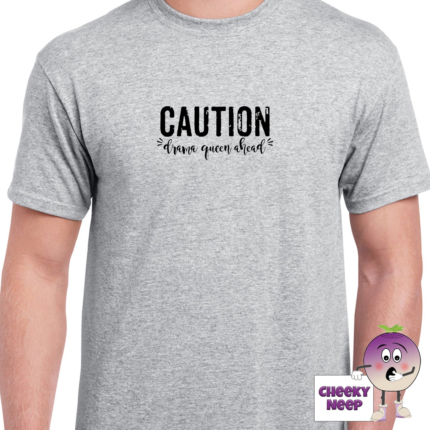 Grey mens tee with the slogan "Caution Drama Queen Ahead" printed on the tee