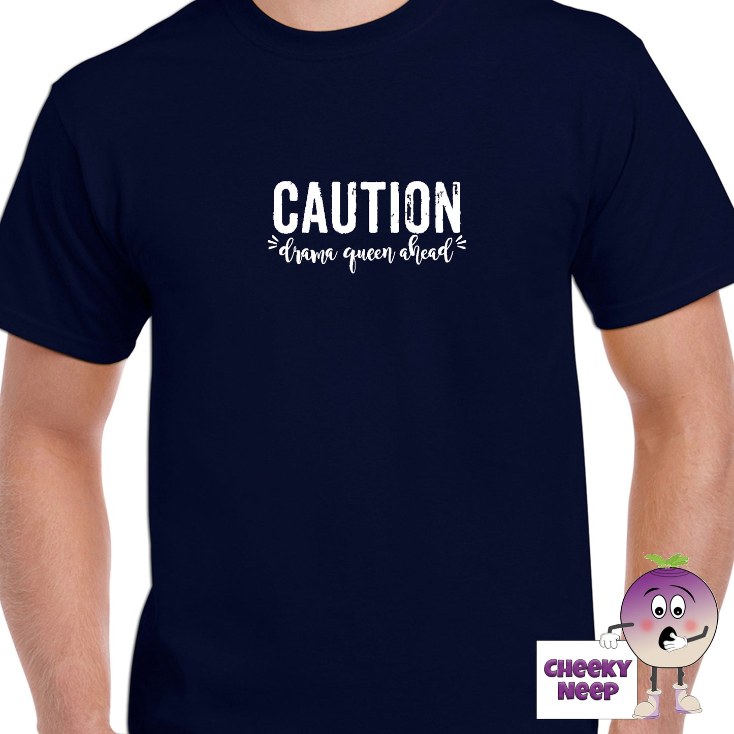 Navy mens tee with the slogan "Caution Drama Queen Ahead" printed on the tee