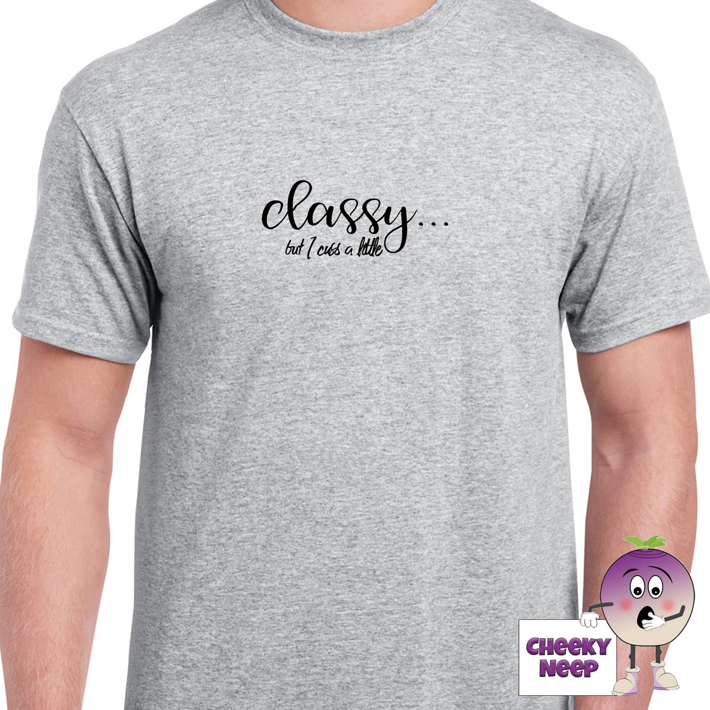 Grey mens tee with the slogan "Classy but I cuss a bit" printed on the tee