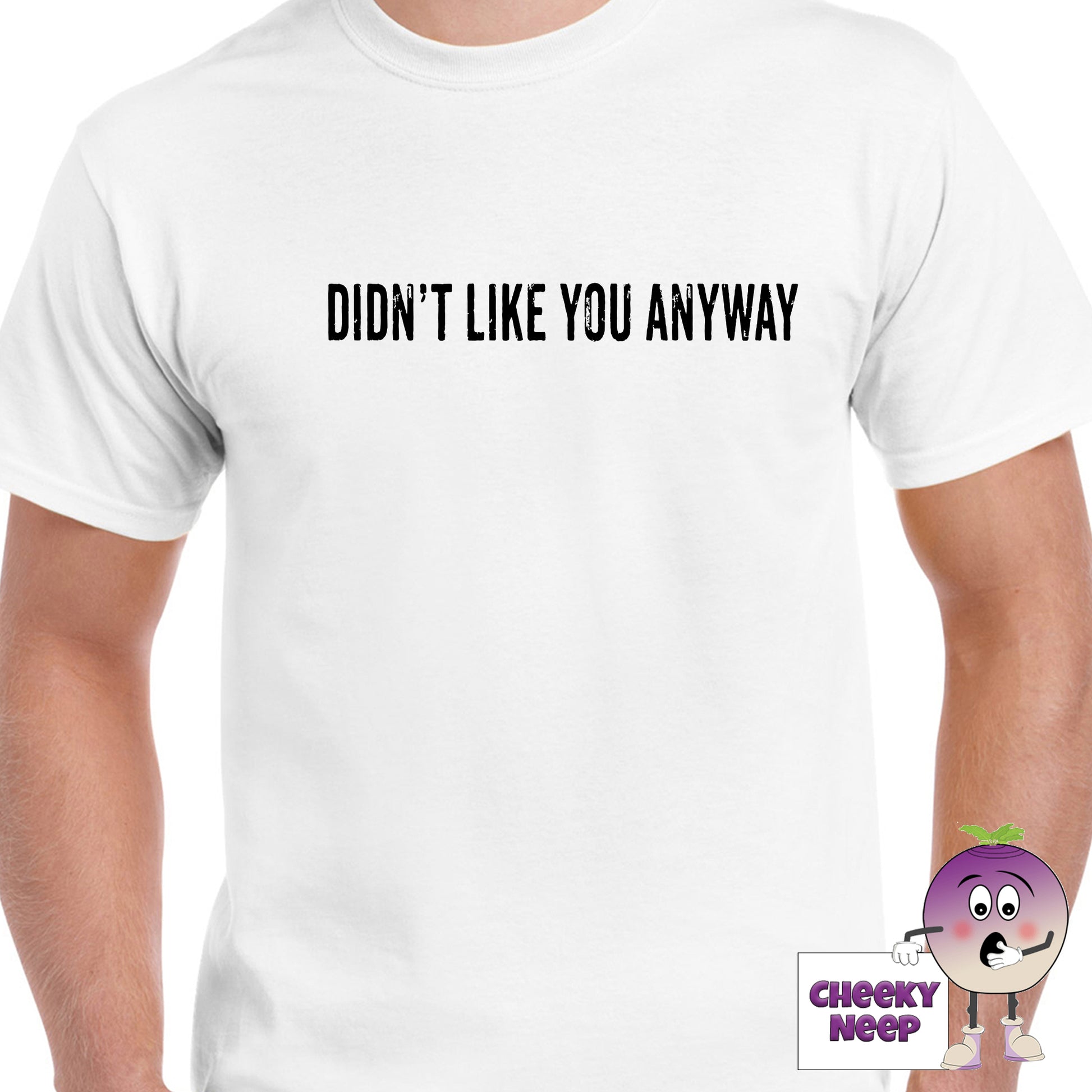 Mens white t-shirt with the slogan "Didn't Like You Anyway" printed on the front of the tee as produced by Cheekyneep.com