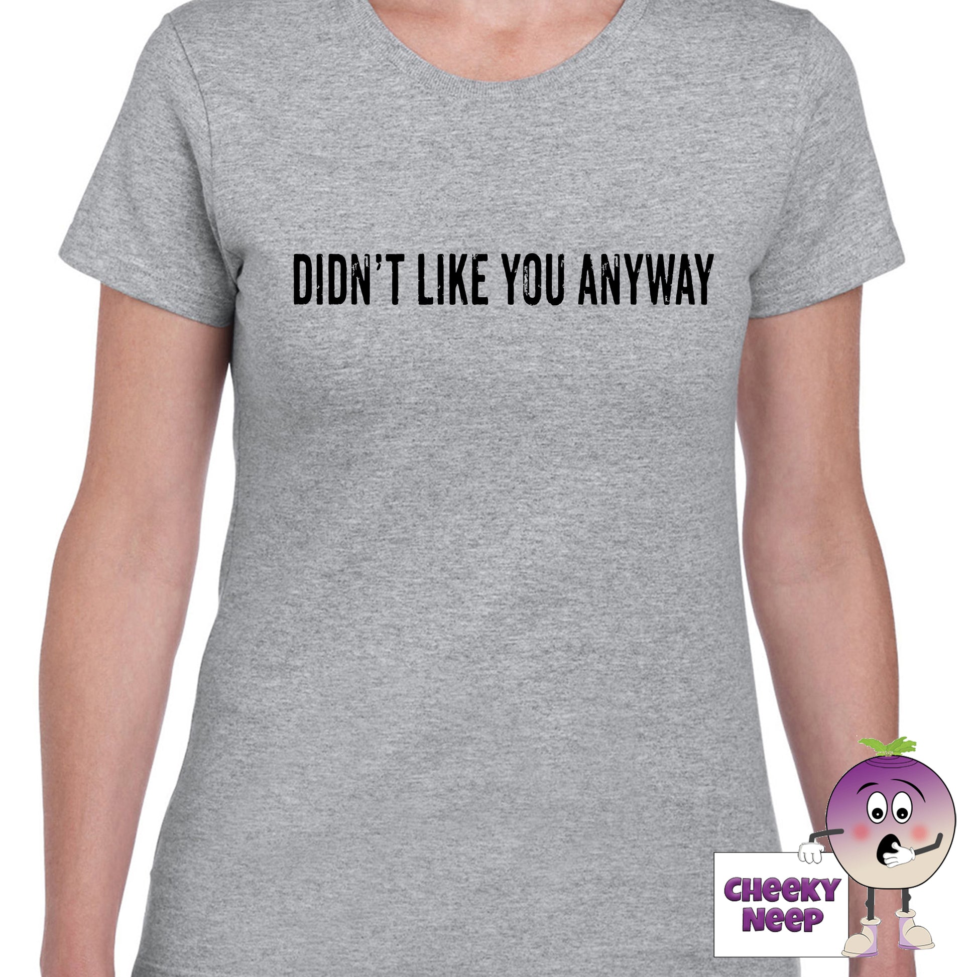 Womens grey t-shirt with the slogan "Didn't Like You Anyway" printed on the front of the tee as produced by Cheekyneep.com