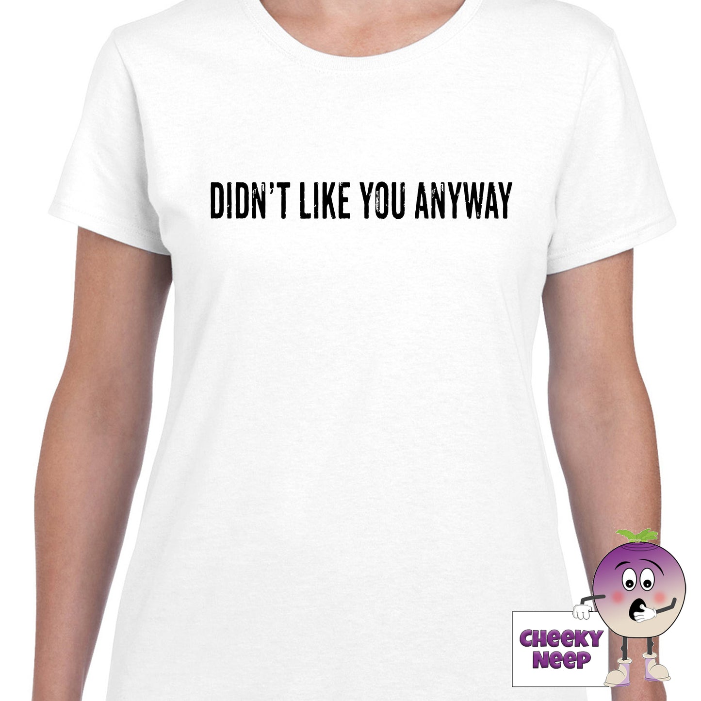 Womens white t-shirt with the slogan "Didn't Like You Anyway" printed on the front of the tee as produced by Cheekyneep.com