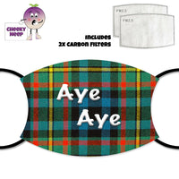 Tartan coloured face cover with the slogan 