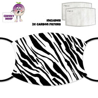 Black and white animal print covering a face cover. Picture of two carbon filters as supplied by Cheekyneep.com
