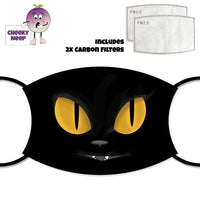 Picture of a black cat with large yellow eyes printed on a face cover. Additional picture of two carbon filters. All as supplied by Cheekyneep.com