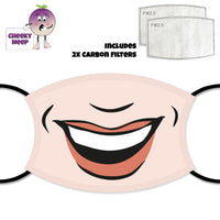 Pink face cover with a cartoon female smile showing white teeth and red lips. Also shown is a picture of the two carbon filters as supplied by Cheekyneep.com