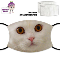 Picture of a white cat face on a face cover together with two replaceable carbon filters as supplied by Cheekyneep.com