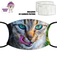 Picture of tortoise shell coloured cat face with tongue licking whiskers and two replaceable carbon filters as supplied by Cheekyneep.com