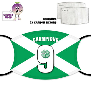 Picture of a green Soltaire and slogan "Champions" and the number 9 and a four leaf clover on a face cover and two carbon filters as supplied by Cheekyneep.com