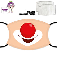 Pink face cover showing a large red clown nose and white painted mouth that is smiling. Also shown is a picture of the two carbon filters as supplied by Cheekyneep.com