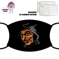 Black face cover with a picture of a creepy orange face in a black hood with horrible yellow eyes and grey teeth. Also shown is a picture of the two carbon filters as supplied by Cheekyneep.com