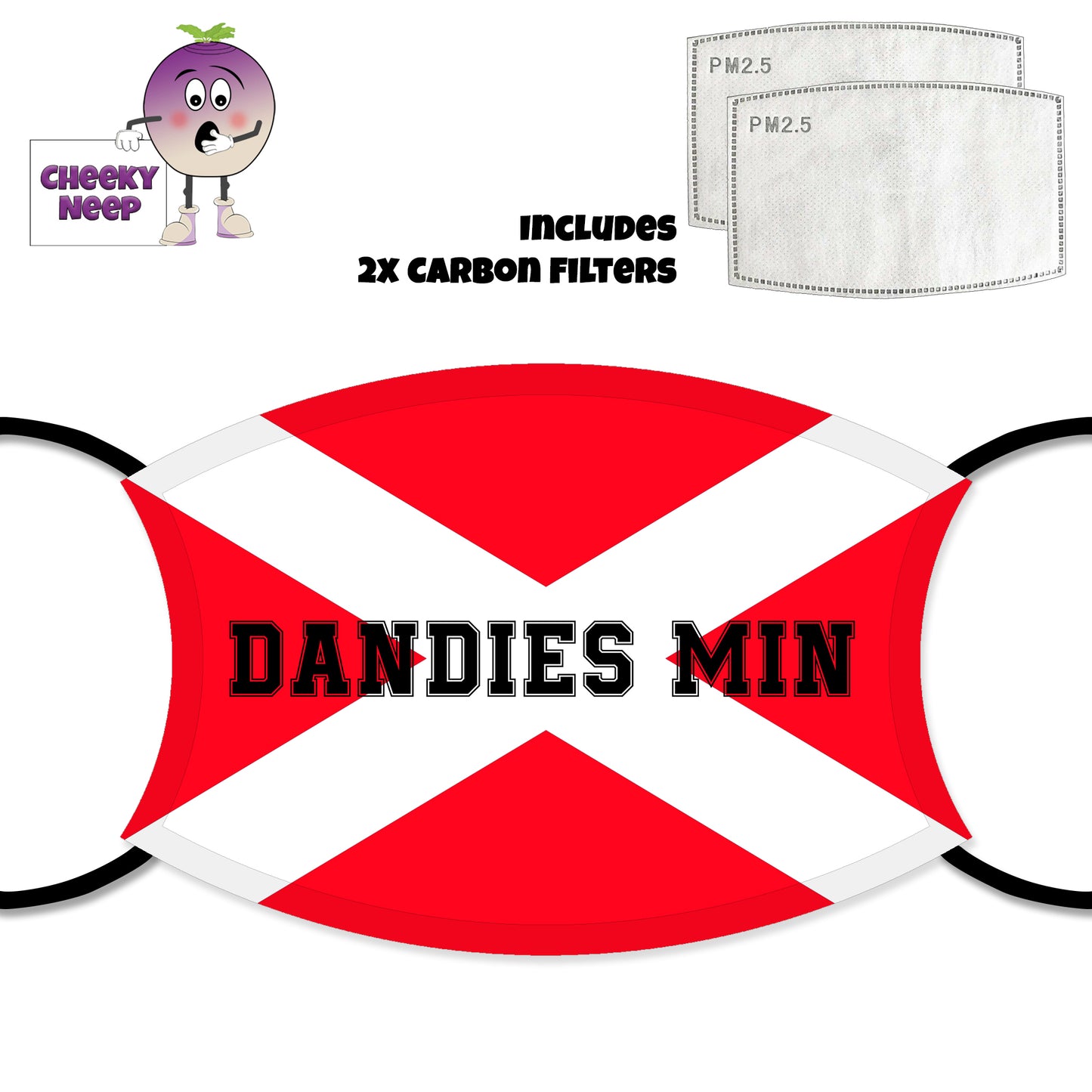 Picture of a red Soltaire and slogan "Dandies Min"  on a face cover and two carbon filters as supplied by Cheekyneep.com