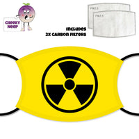 Yellow background with a black danger symbol printed on a face cover together with a picture of two carbon filters as supplied by CheekyNeep.com
