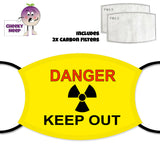 Bright yellow face cover with "Danger Keep Out " and the danger symbol printed across the cover. Picture also shows two carbon filters all as supplied by Cheekyneep.com
