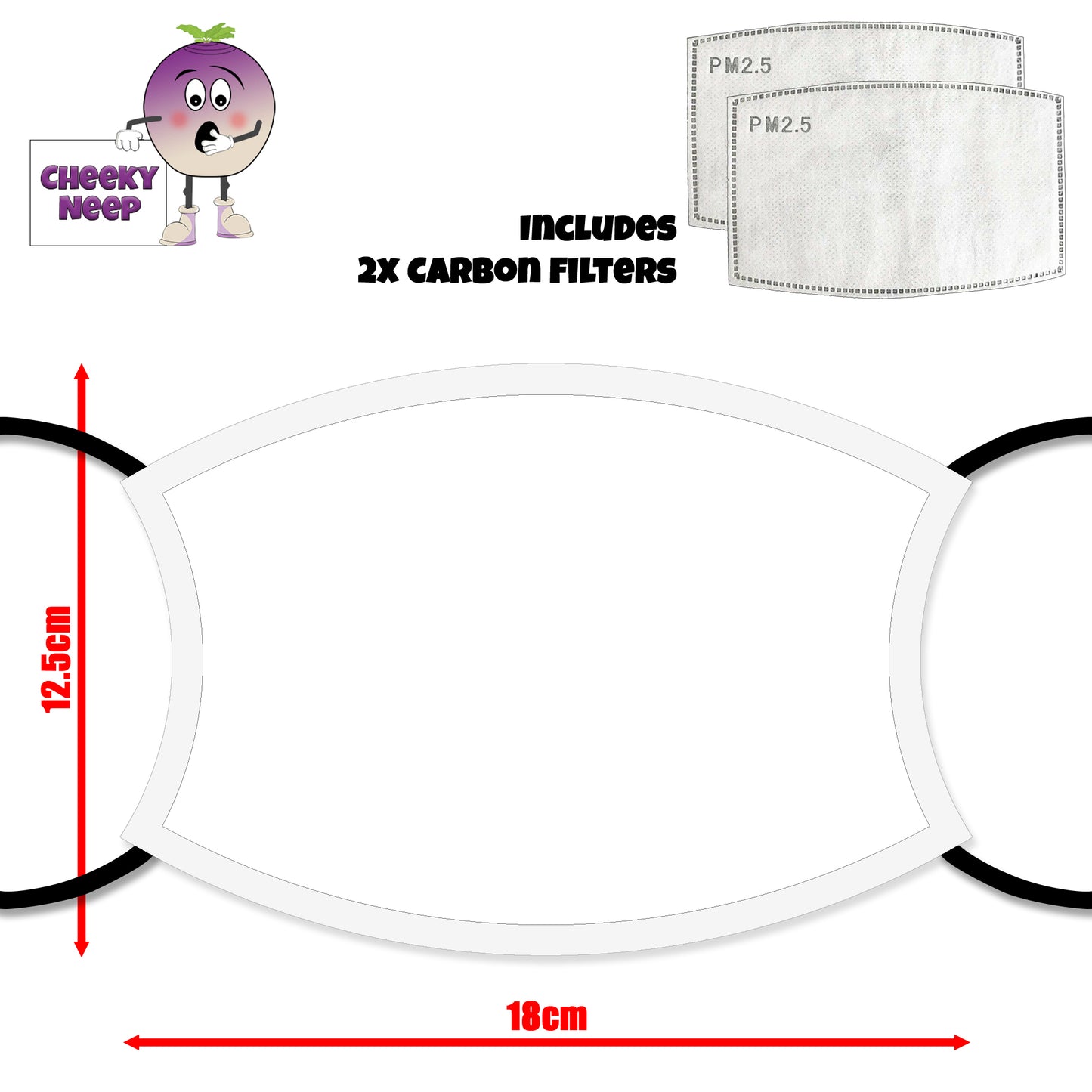 Face cover dimensions and close up of the two carbon filters as supplied by Cheekyneep.com