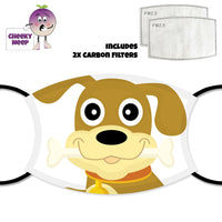 Picture of a dog and bone on a face cover and two carbon filters as supplied by Cheekyneep.com