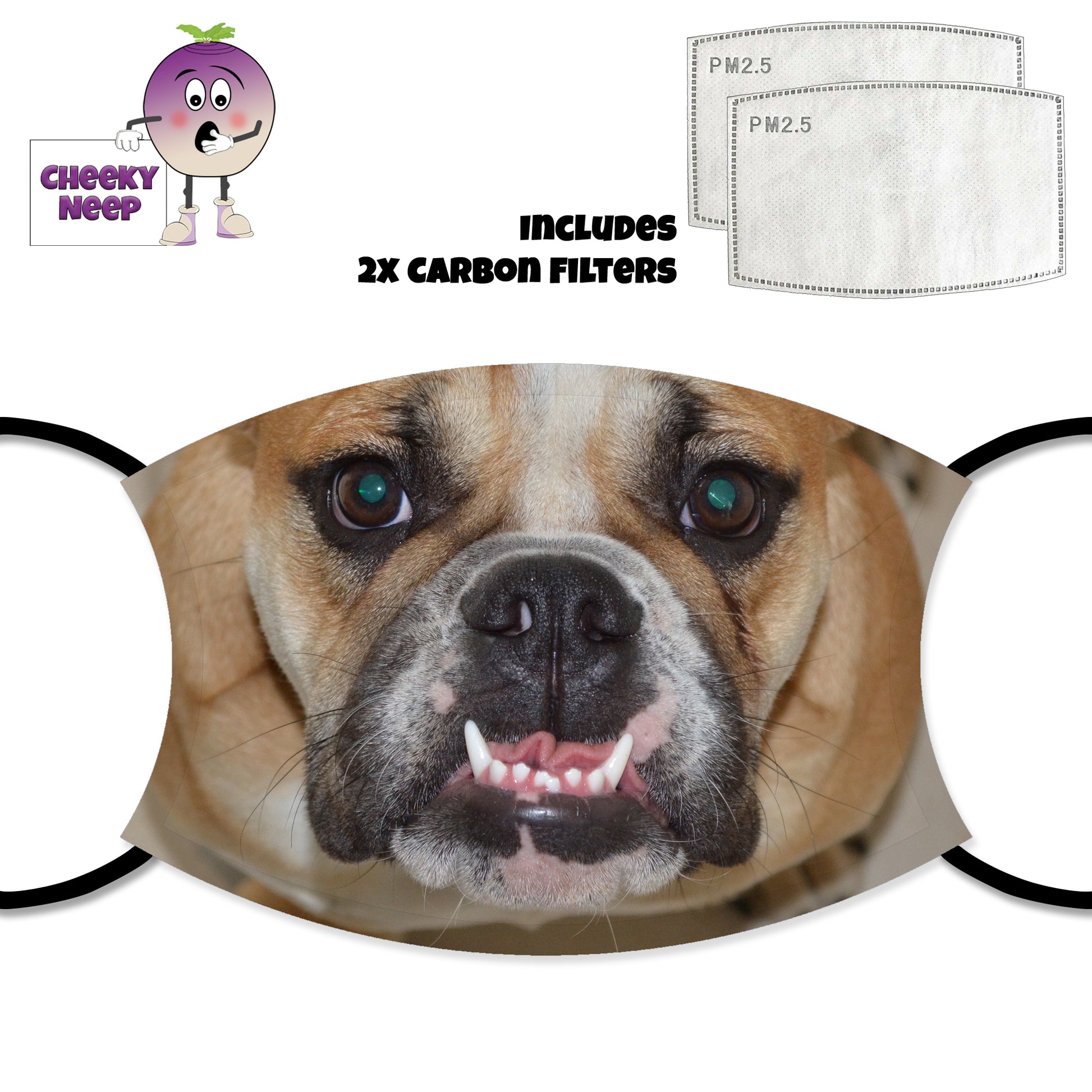 Picture of the face of a bulldog printed onto a face cover and two replaceable carbon filters as supplied by Cheekyneep.com