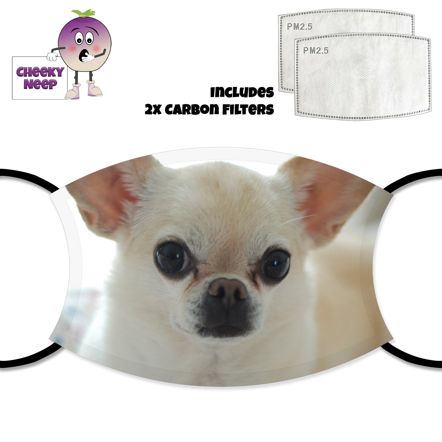 Picture of a Chihuahua dog's face printed onto a face cover together with two replaceable carbon filters as supplied by Cheekyneep.com