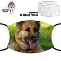 picture of a german shepherd dog in grass printed on a face cover and a picture of the two replaceable carbon filters as supplied by Cheekyneep.com