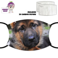 Picture of the face of a German Shepherd puppy printed onto a face cover together with a picture of the two replaceable carbon filters as supplied by Cheekyneep.com