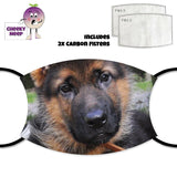 Picture of the face of a German Shepherd puppy printed onto a face cover together with a picture of the two replaceable carbon filters as supplied by Cheekyneep.com