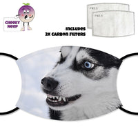 Picture of a Husky Dog's nose and face on a face cover together with two replaceable carbon filters as supplied by Cheekyneep.com
