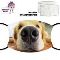 Picture of a retriever dog's nose and face printed on a face cover as supplied by Cheekyneep.com