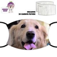 Face cover with the picture of a golden retriever dog with its tongue hanging out printed onto the cover. Picture of two carbon filters in top right hand corner. All as supplied by Cheekyneep.com