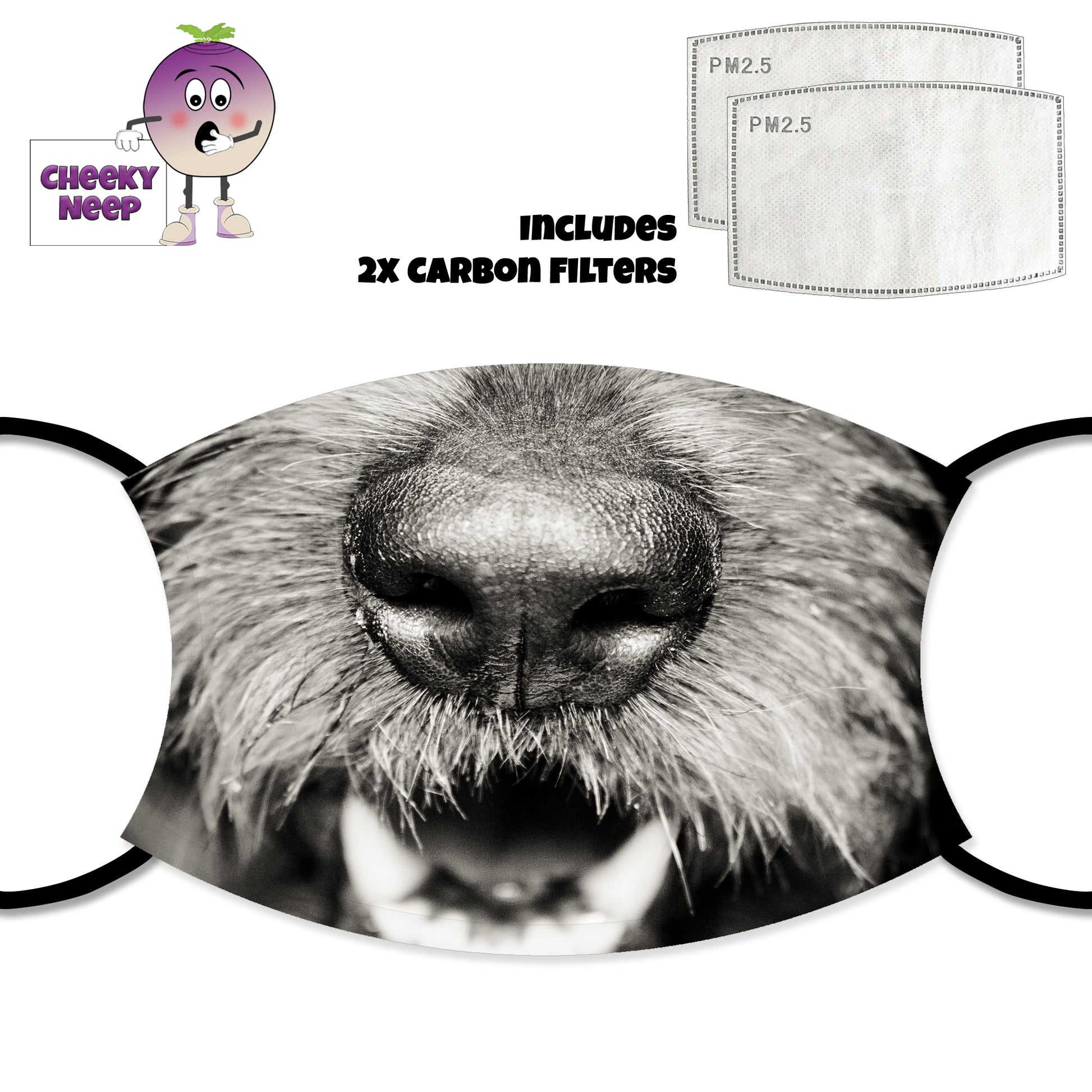 Close up picture of a terrier dog's nose and mouth printed onto a face cover together with a picture of two carbon replaceable filters as produced by Cheekyneep.com