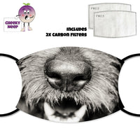 Close up picture of a terrier dog's nose and mouth printed onto a face cover together with a picture of two carbon replaceable filters as produced by Cheekyneep.com