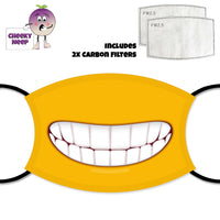 Yellow face cover with a picture of a smiling emoji mouth showing lots of teeth. Also shown is a picture of the two carbon filters as supplied by Cheekyneep.com