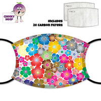 Brightly coloured flowers on a face cover and two carbon filters as supplied by Cheekyneep.com