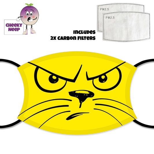 Picture of a grumpy yellow cat on a face cover and two carbon filters as supplied by Cheekyneep.com