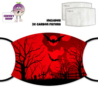 Red face cover showing an illustration of a spooky graveyard and bare trees with the sky all red and some silhouettes of bats flying around. Also shown is a picture of the two carbon filters as supplied by Cheekyneep.com