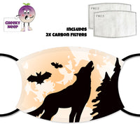 Face cover showing the silhouette of a howling wolf against the background of a couple of trees and some bats. Also shown is a picture of the two carbon filters as supplied by Cheekyneep.com